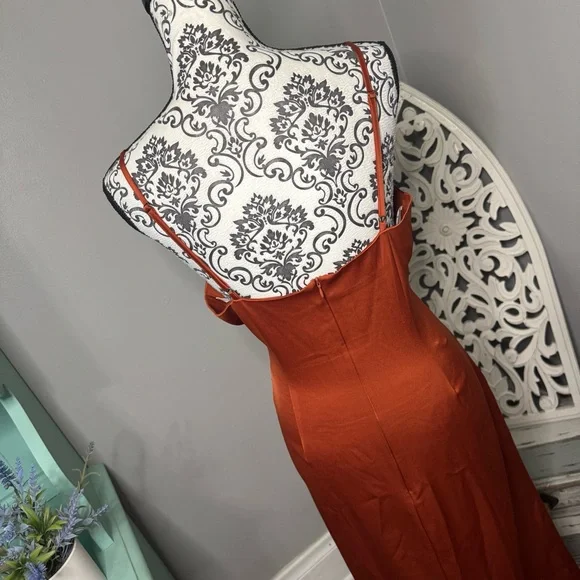Lulus Satin Drape Midi Slip Dress Size Large Rust Orange Wedding Guest - Picture 7 of 10